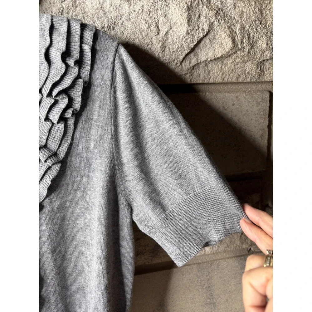 Worthington Womens Gray Ruffle‎ V-Neck Short Sleeve Button Front Cardigan Large